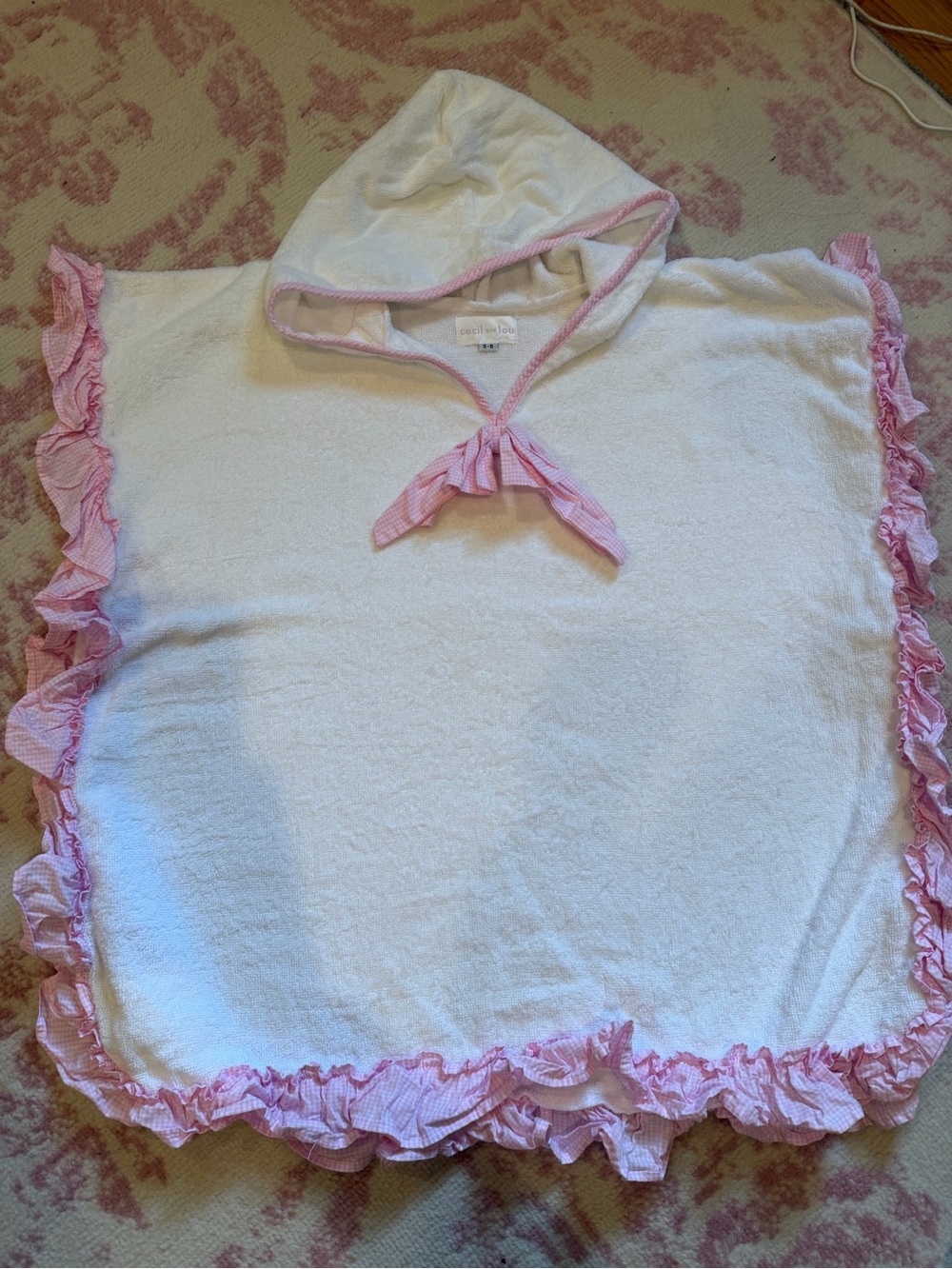 Toddler White Hooded Beach Poncho with Pink Ruffle Trim